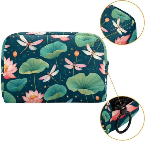Travel Makeup Bag for Women, Fantasy Dragonflies and Lotus Flowers Vintage Style Travel Cosmetic Bag Pencil Case Portable Makeup Pouch Toiletry Bag for Girls