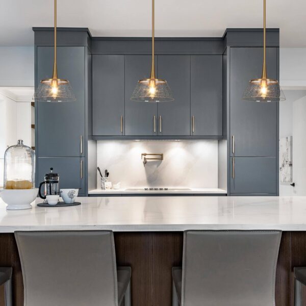 classy leaves Gold Pendant Lights Kitchen Island, Kitchen Pendant Lighting Over Island with Seeded Glass, 9 Inch Modern Plating Brass Pendant Light Fixtures