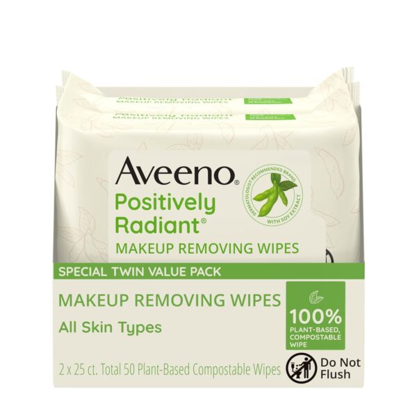 Aveeno Positively Radiant Oil-Free Makeup Removing Face Wipes to Help Even Skin Tone and Texture with Moisture-Rich Soy Extract, Gentle Facial Cleansing Wipes, Twin Pack, 2 x 25 ct.