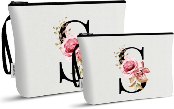 Vavabox 2 Pcs Initial Makeup Bag, A-Z Personalized Cosmetic Bag, Birthday Gifts for Women Mom Sister Friend, Bridesmaid Gift for Wedding (S, White)