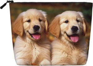 Golden Retriever Dogs Puppies Pets Makeup Bag For Women, Waterproof Linen Travel Cosmetic Organizer Lightweight Zipper Travel Toiletry Bag Organizer Makeup Brushes Storage Bag