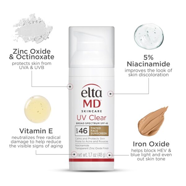 EltaMD UV Clear Tinted Face Sunscreen, SPF 46 Oil- Free Tinted Sunscreen with Zinc Oxide, Dermatologist Recommended Sunscreen, 1.7 oz Pump