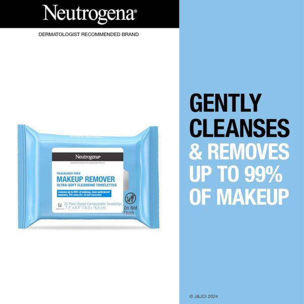Neutrogena Cleansing Fragrance Free Makeup Remover Face Wipes, Cleansing Facial Towelettes for Waterproof Makeup, Alcohol-Free, Unscented, 100% Plant-Based Fibers, Twin Pack, 2 x 25 ct