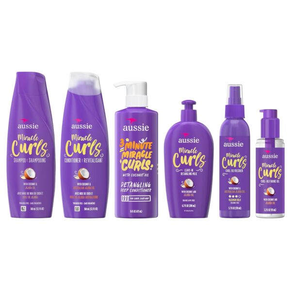 Aussie Miracle Curls Set: Shampoo, Conditioner, Deep Hydration, Spray Gel, Detangling Milk, and Oil Hair Treatment, Curl Oil, Coconut & Jojoba, Frizz Control, 6 Pieces