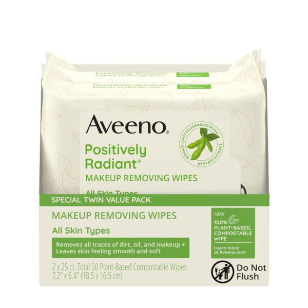 Aveeno Positively Radiant Oil-Free Makeup Removing Face Wipes to Help Even Skin Tone and Texture with Moisture-Rich Soy Extract, Gentle Facial Cleansing Wipes, Twin Pack, 2 x 25 ct.