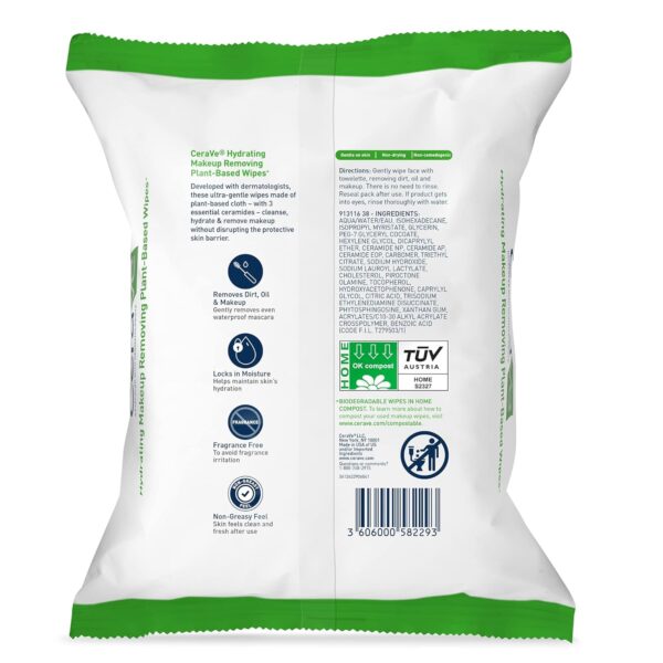 CeraVe Hydrating Facial Cleansing Makeup Remover Wipes, Plant Based Face Wipes, Biodegradable in Home Compost, Face Wash Cloth, Suitable for Sensitive Skin, Fragrance-free Non-comedogenic, 25 Count