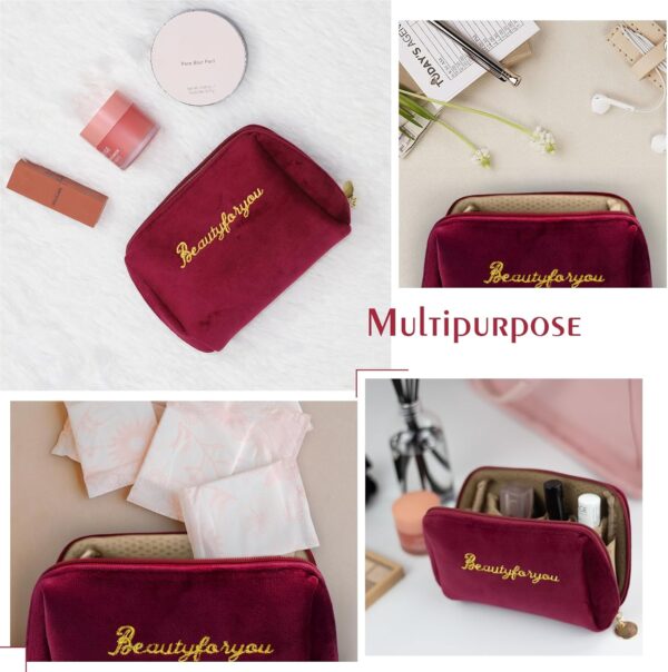 Velvet Makeup Bag, Portable Zipper Make Up Pouch, Cute Small Cosmetic Bag, Flannel Toiletry Bag, Travel Storage Bag Gifts for Women Girls(Red)