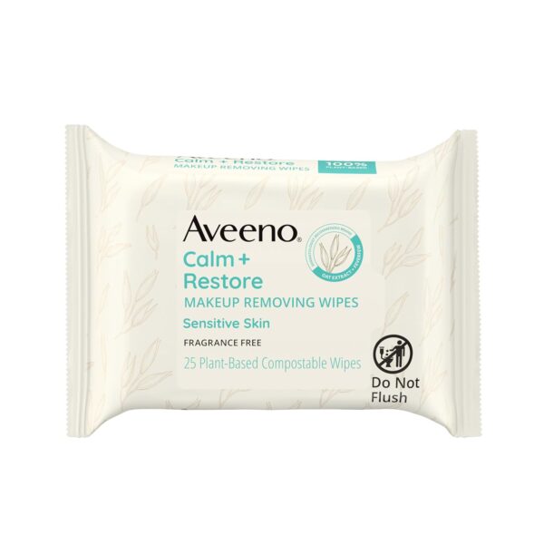 Aveeno Calm + Restore Unscented Makeup Remover Face Wipes, Fragrance Free Facial Cleansing Towelettes with Oat Extract & Calming Feverfew Leave Skin Feeling Soothed, Alcohol Free, 25 ct