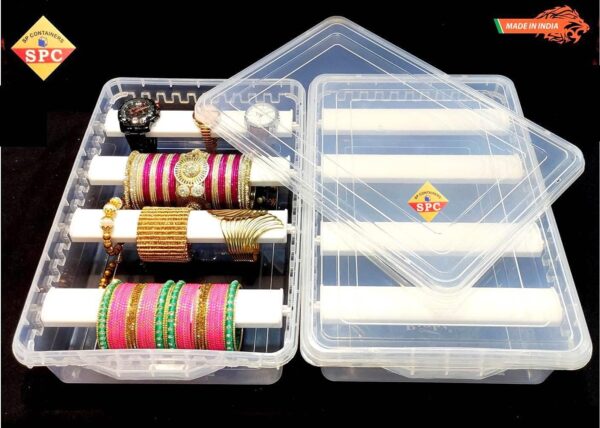 Plastic adjustable 4 rod Bangle Box Chudi Set Organizer Jewellery Storage Display Box for Bangles Chudi Bracelet Wrist Watch Hair Bands Scrunchies Accessories, Transparent (2)