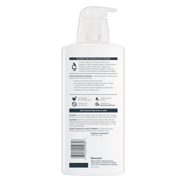 Eucerin Baby Unscented Baby Shampoo and Body Wash, Hypoallergenic, Tear Free Shampoo and Wash with Pro-Vitamin B5 and Shea Butter, 13.5 Fl Oz Bottle