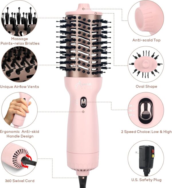 Aima Beauty Worldwide Travel Hair Dryer Brush Dual Voltage Blow Dryer Brush Hot Air Brush with Oval Barrel 360°Airflow for Smooth, Negative Ionic Frizz-Free Drying/Straightening/Voluming, Pink