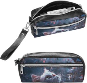 Leather Pencil Cases White Cat in Flowers Pen Pouch Travel Cosmetic Bag for Purse Portable Makeup Brush Bag Holder Coin Purse for Women Makeup Case Organizer