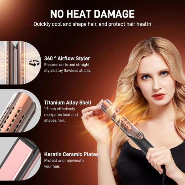 Upgraded 360° Airflow Styler Curling Iron - Keratin Hair Straightener and Curler 2 in 1, 1.5 Inch Titanium Ionic Curling Iron for Lasting Curls, 4 Temps, Dual Voltage for International Travel
