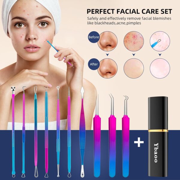 Pimple Popper Tool Kit - Ybaoo 10 Pcs Blackhead Remover Comedone Extractor Kit with Metal Case for Quick and Easy Removal of Blackheads, Zit Removing, Facial and Nose(Colorful)