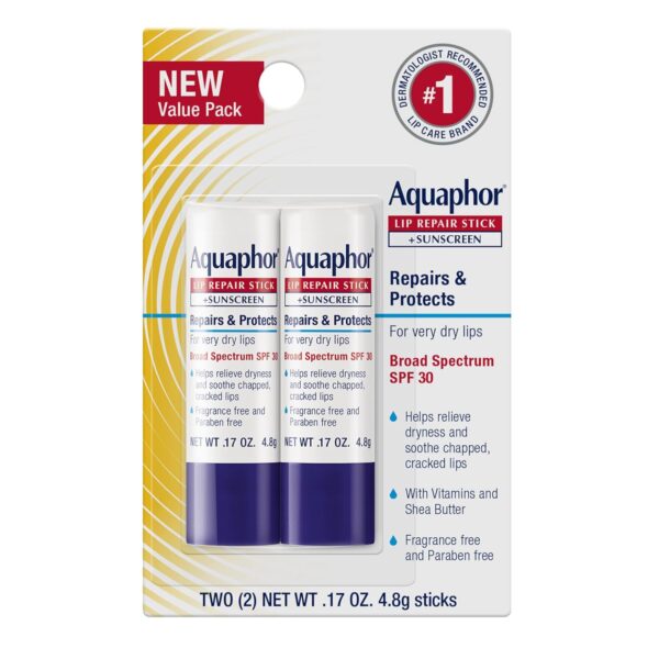 Aquaphor Lip Repair Stick (2 x 0.17 Oz) + Lip Repair and Protect Stick with Sunscreen SPF 30 (2 x 0.17 Oz), Relieves Dryness