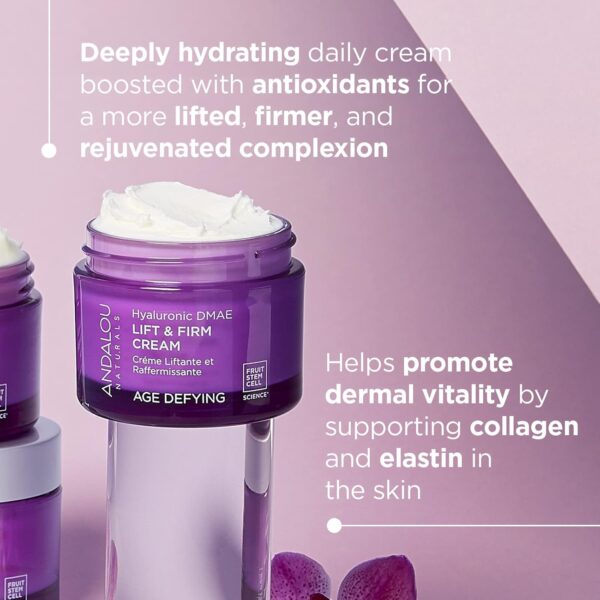 Andalou Naturals Hyaluronic Dmae Lift Firm Skin Cream, Face Moisturizer with Anti Aging Antioxidants, Hydrating, Helps Reduce Fine Lines and Wrinkles, 1.7 Ounce