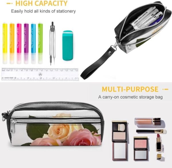 Leather Pencil Cases Roses Flower Pen Pouch Travel Cosmetic Bag for Purse Portable Makeup Brush Bag Holder Coin Purse for Women Makeup Case Organizer