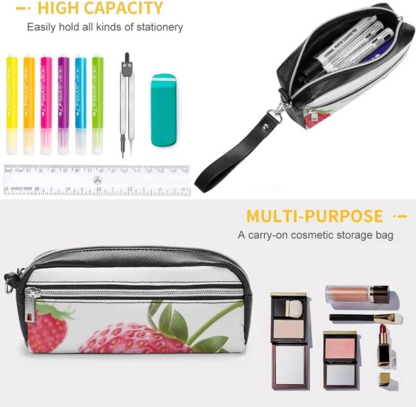 Leather Pencil Cases Strawberry Pen Pouch Travel Cosmetic Bag for Purse Portable Makeup Brush Bag Holder Coin Purse for Women Makeup Case Purse Organizer