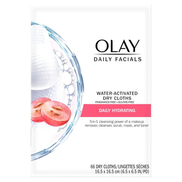 Olay Daily Facials, Daily Clean Makeup Removing Facial Cleansing Wipes, 5-in-1 Water Activated Cloths, Exfoliates, Tones and Hydrates Skin, 66 count