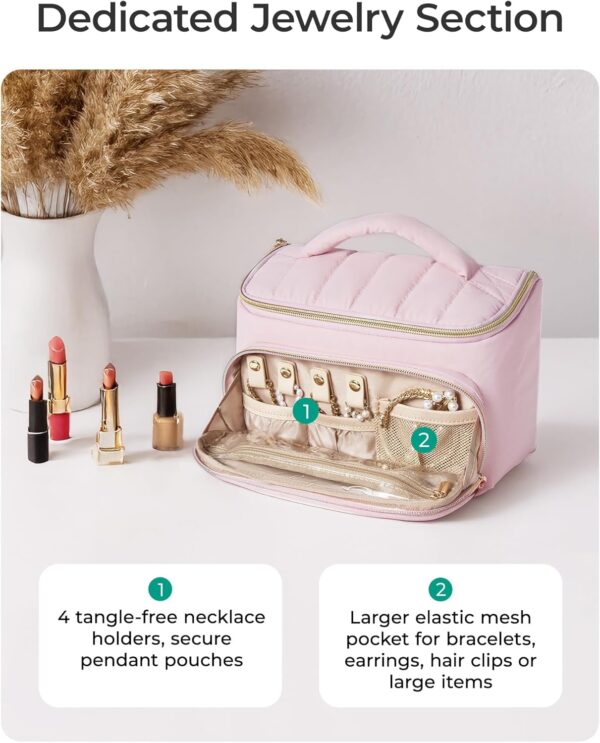 BAGSMART Travel Makeup Bag with Jewelry Organizer, Portable Make Up Bag, Puffy Wide-Opening Cosmetic Storage Pouch for Women’s Toiletries and Travel Essentials (Baby Pink)