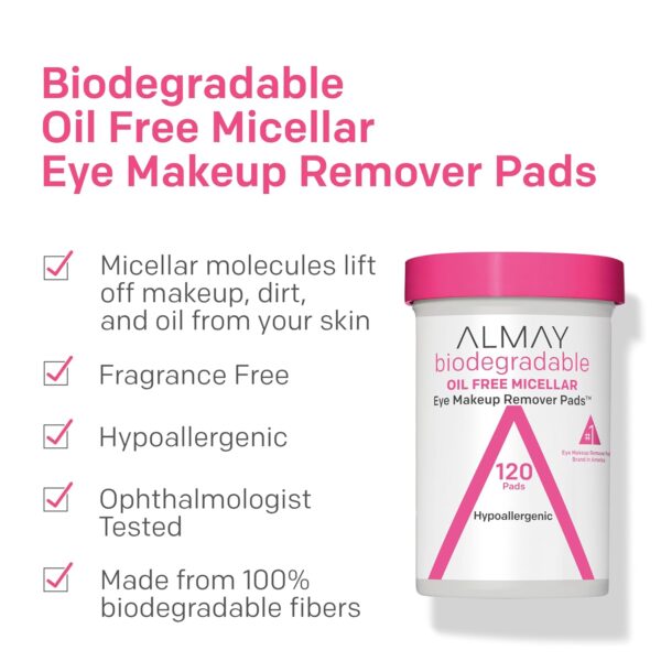 Almay Biodegradable Makeup Remover Pads, Micellar Gentle, Hypoallergenic, Fragrance-Free, Dermatologist & Ophthalmologist Tested, 120 Count