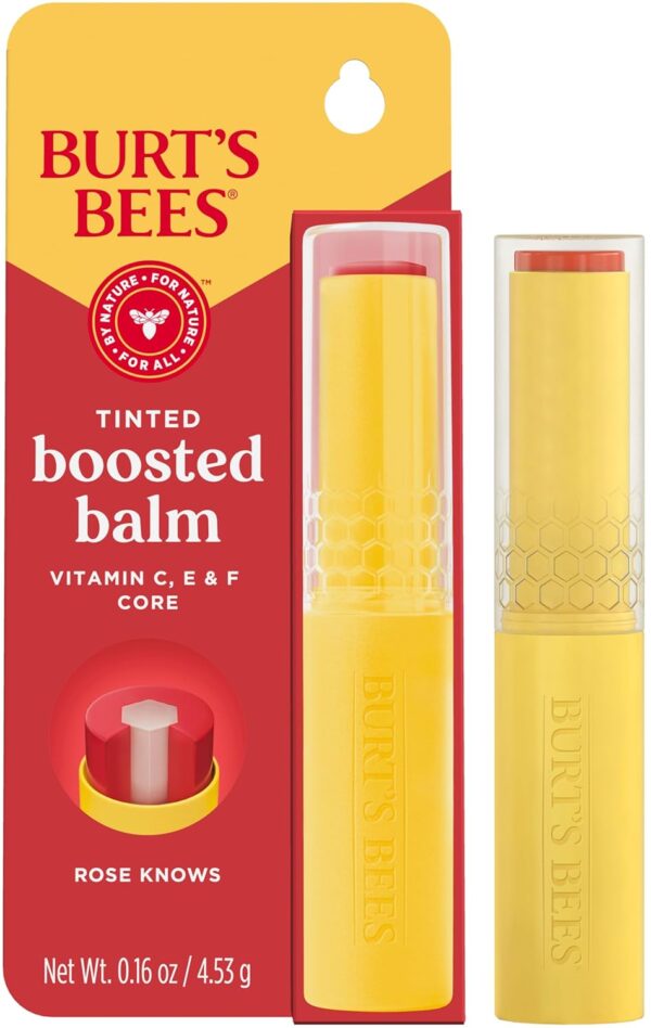 Burt’s Bees Tinted Boosted Balm, Rose Knows, Hydrating Tinted Lip Balm with Vitamin C, E, and F Core, 24 Hour Lip Moisturizer with Responsibly Sourced Beeswax, 100% Natural Origin, 1 Count, 0.16oz