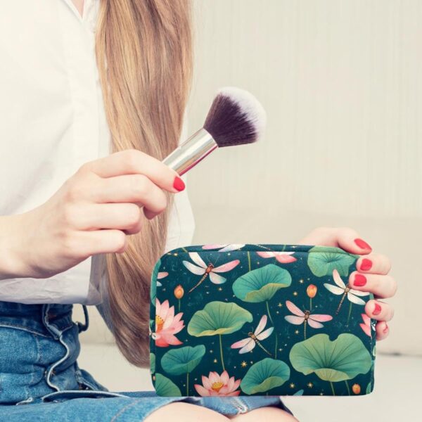 Travel Makeup Bag for Women, Fantasy Dragonflies and Lotus Flowers Vintage Style Travel Cosmetic Bag Pencil Case Portable Makeup Pouch Toiletry Bag for Girls