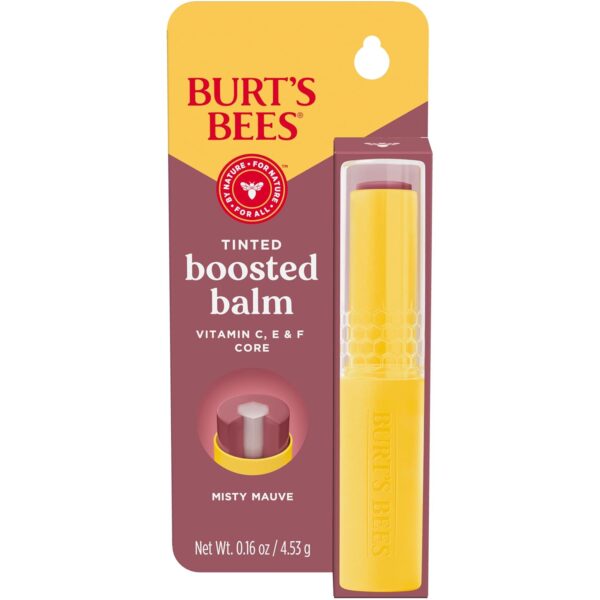 Burt’s Bees Tinted Boosted Balm, Misty Mauve, Hydrating Tinted Lip Balm with Vitamin C, E, and F Core, 24 Hour Lip Moisturizer with Responsibly Sourced Beeswax, 100% Natural Origin, 1 Count, 0.16oz