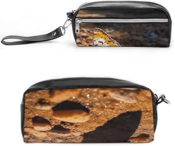 Leather Pencil Cases Butterfly on The Road Pen Pouch Travel Cosmetic Bag for Purse Portable Makeup Brush Bag Holder Coin Purse for Women Makeup Case Purse Organizer