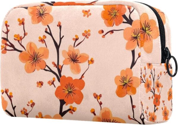 Travel Makeup Bag for Women, Orange Flowers Cherry Blossom Travel Cosmetic Bag Pencil Case Portable Makeup Pouch Toiletry Bag for Girls