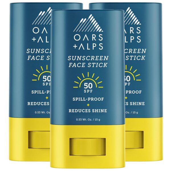 Oars + Alps Matte Face Sunscreen Stick, SPF 50 Travel Sunscreen Roll On for Face & Body, Fragrance Free, Water & Sweat Resistant Sunblock, All Skin Types, Dermatologist Tested, Moisturizing, 3pk