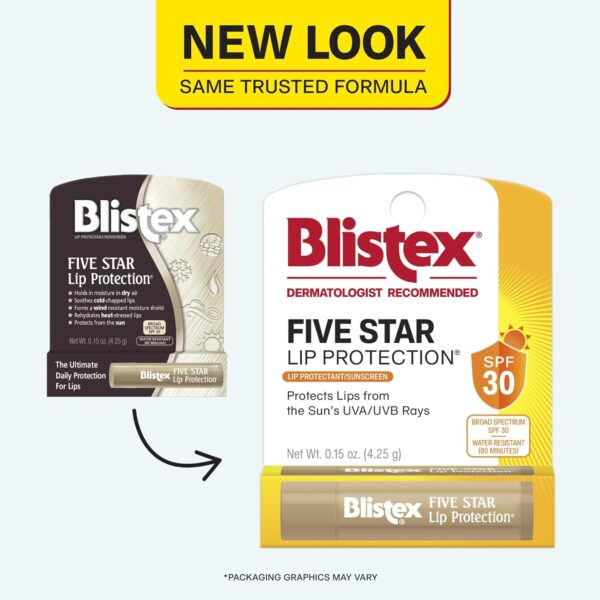 Blistex Five Star Lip Protection Balm, 0.15 Ounce ? Wind & Water-Resistant Lip Care, Broad Spectrum SPF 30 Sun Protection, Soothes Cold Chapped Lips, Hydrating Lip Treatment, Holds in Moisture