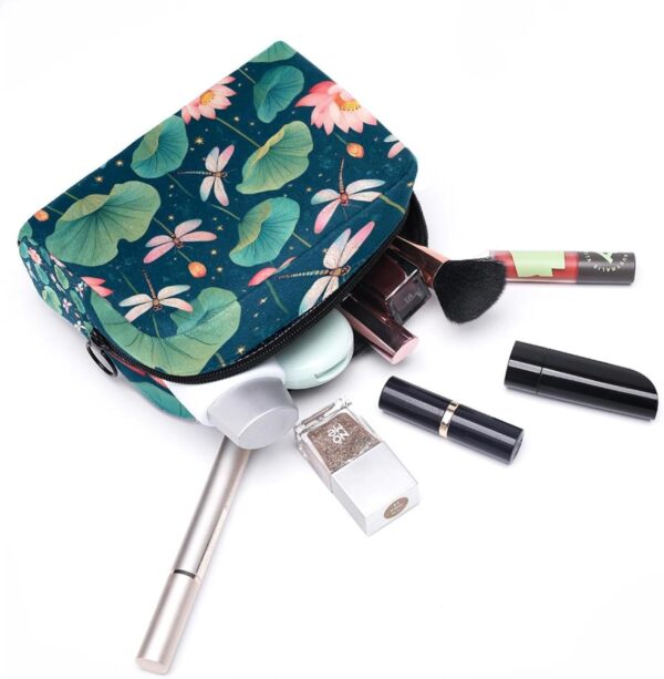 Travel Makeup Bag for Women, Fantasy Dragonflies and Lotus Flowers Vintage Style Travel Cosmetic Bag Pencil Case Portable Makeup Pouch Toiletry Bag for Girls