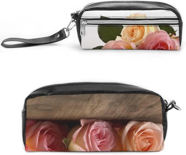 Leather Pencil Cases Roses Flower Pen Pouch Travel Cosmetic Bag for Purse Portable Makeup Brush Bag Holder Coin Purse for Women Makeup Case Organizer