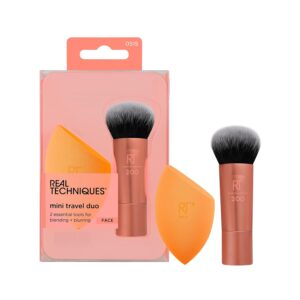 Real Techniques Mini Travel Duo, Makeup Brush Set For Traveling, Mini Foundation Brush & Makeup Blender Sponge For Blending On-The-Go, Achieve A Complete Base, Latex & Cruelty-Free, 2 Piece Set