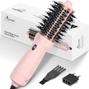 Aima Beauty Worldwide Travel Hair Dryer Brush Dual Voltage Blow Dryer Brush Hot Air Brush with Oval Barrel 360°Airflow for Smooth, Negative Ionic Frizz-Free Drying/Straightening/Voluming, Pink