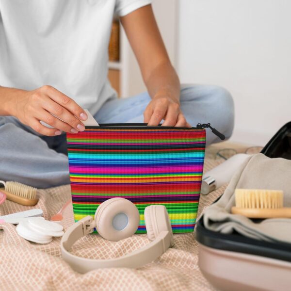 Colorful Mexican Stripes Makeup Bag For Women, Waterproof Linen Travel Cosmetic Organizer Lightweight Zipper Travel Toiletry Bag Organizer Makeup Brushes Storage Bag