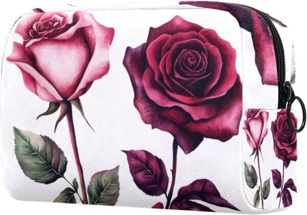 Travel Makeup Bag for Women, Pink and Burgundy Roses on White Background Travel Cosmetic Bag Pencil Case Portable Makeup Pouch Toiletry Bag for Girls