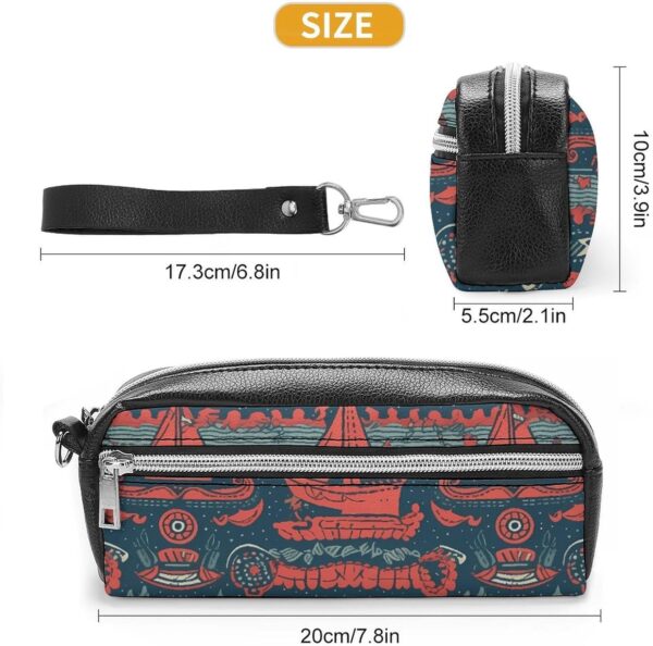 Leather Pencil Cases Sailboat Pattern Pen Pouch Travel Cosmetic Bag for Purse Portable Makeup Brush Bag Holder Coin Purse for Women Makeup Case Organizer