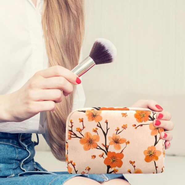 Travel Makeup Bag for Women, Orange Flowers Cherry Blossom Travel Cosmetic Bag Pencil Case Portable Makeup Pouch Toiletry Bag for Girls