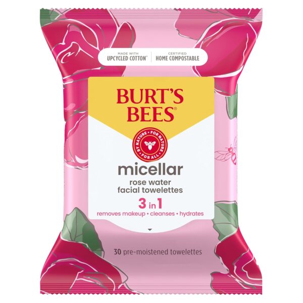 Burt's Bees, Rose Water Face Wipes, for All Skin Types, Hydrating Micellar Makeup Remover & Facial Cleansing Towelettes, 30 Count (1 Pack)