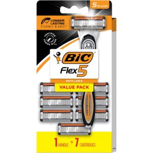 BIC Flex 5 Refillable Men's Razor, Father's Day Gift Set with 5 Blade Razors, 1 Handle and 7 Cartridges for Smooth Shaving