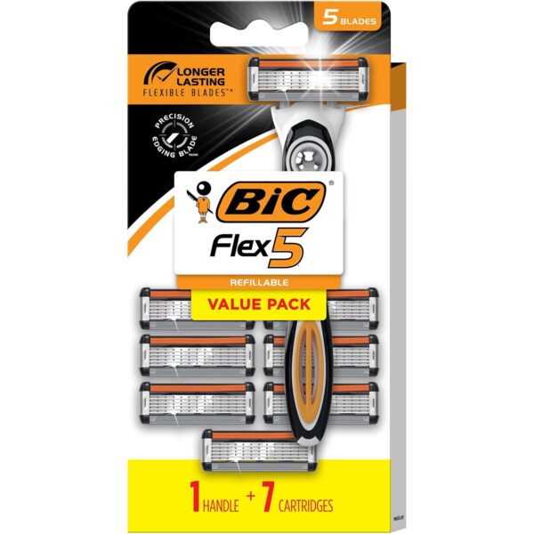 BIC Flex 5 Refillable Men's Razor, Father's Day Gift Set with 5 Blade Razors, 1 Handle and 7 Cartridges for Smooth Shaving