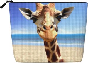 Beach Giraffe Makeup Bag For Women, Waterproof Linen Travel Cosmetic Organizer Lightweight Zipper Travel Toiletry Bag Organizer Makeup Brushes Storage Bag