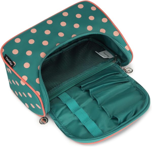 Yeiotsy Polka Dots Makeup Bag - Hanging Travel Toiletry Organizer for Women & Girls with Brush Holders