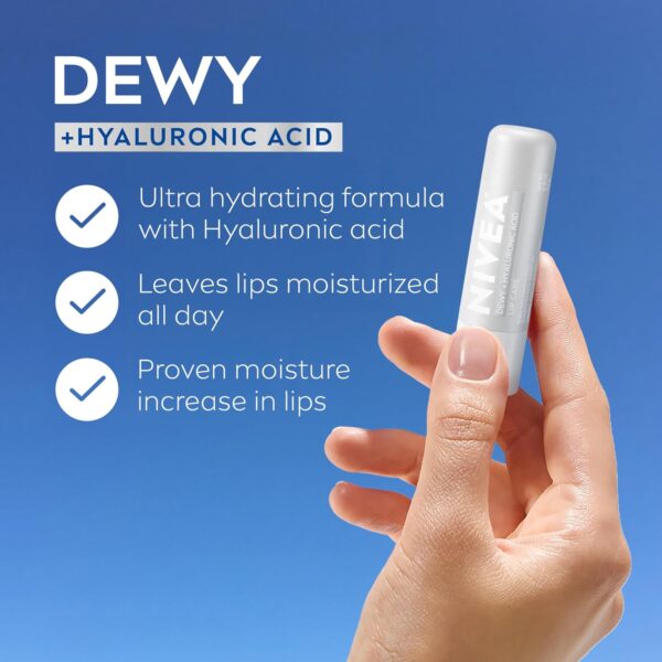 NIVEA Dewy Lip Balm with Hyaluronic Acid, Skin Care Gifts for Mom, Leaves Visibly Less Noticeable Lip Lines and No Waxy Feel, 0.18 Oz, Pack of 4