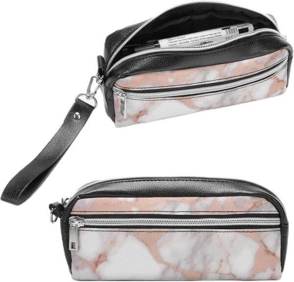 Leather Pencil Cases Rose Gold Marble Pen Pouch Travel Cosmetic Bag for Purse Portable Makeup Brush Bag Holder Coin Purse for Women Makeup Case Purse Organizer