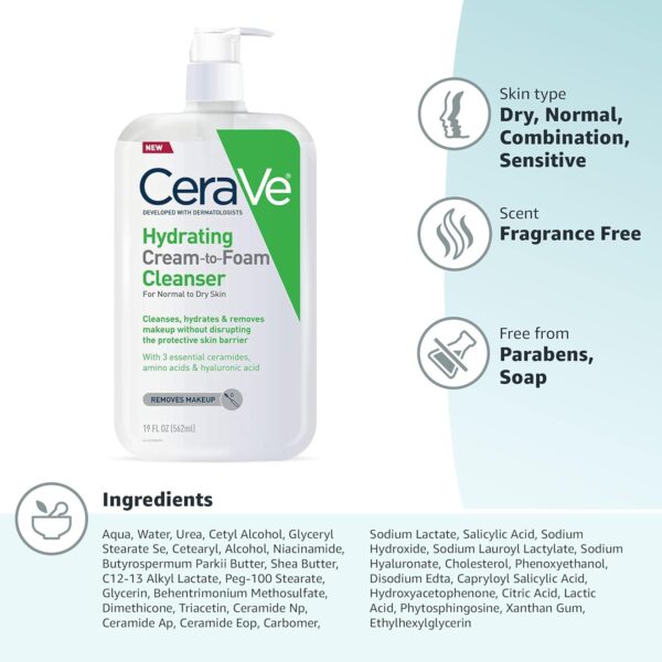 CeraVe Hydrating Cream To Foam Cleanser, Makeup Remover Face Wash For Dry Skin, Foaming Facial Cleanser With Hyaluronic Acid, Normal To Dry Skin, Fragrance Free & Non Comedogenic, 19 Fluid Ounce