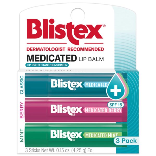 Blistex Medicated Lip Balm 3 Count, 0.15 Oz Each, Classic, Mint and Berry Flavor, Soothes and Protects, Advanced Medicated Lip Care for Dry, Chapped Lips, SPF 15 Sun Protection, 1 Pack