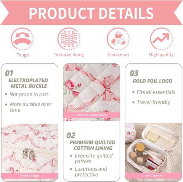 LAKSMI 3PCS Cotton Quilted Floral Makeup Bag Set for Women Girls, Cute Make Up Bags with Brush Pockets, Large Wide-Open Toiletry Pouch Gifts for Toiletries Accessories Travelling Essentials